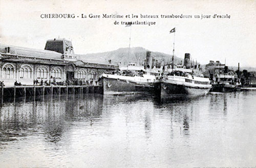 View of the Passenger Train Station at Cherbourg and Tenders on a Day of Transatlantic Sailing.