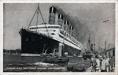 Cunard RMS Aquitania Leaving Southampton. Bi-Plane Visible in Upper Right-Hand Side. nd. circa 1910.