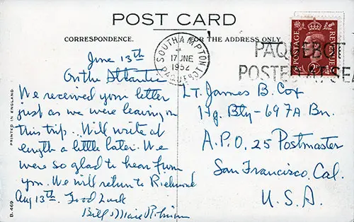 Back Side, Cunard RMS Queen Mary Color Postcard, Postally Used 17 June 1952.