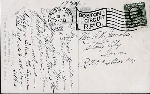 Circle JV PC # 212453, Published by the Valentine & Sons Publishing Company, New York and Boston. Printed in the United States. Postally Used 3 July 1901. One Cent US Postage Affixed.