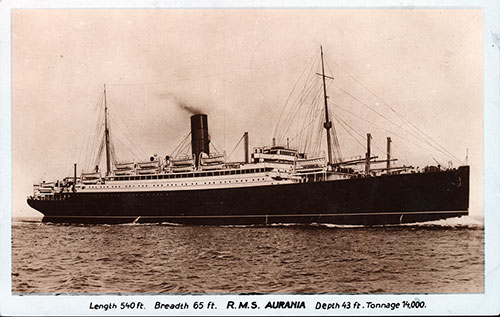RMS Aurania, Length 540 ft. Breadth 65 ft. Depth 43 ft. Tonnage 14,000. Postally Used 15 July 1933.