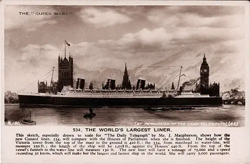 Front Side, The RMS Queen Mary Postcard, ca January 1935. No. 534. The World's Largest Liner.