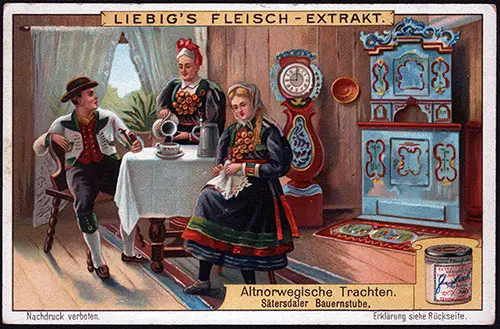 Card 05: Old Norwegian costumes. A Sætersdal parlor was featuring rosemaling.