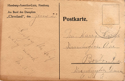 Back: Hamburg-Amerika Linie Dampfer Cleveland. Postally Used 24 June 1916. 