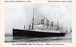 Picture Postcard of the Holland-America Line TSS Statedam (1929). 28,291 Tons Register. 38,950 Tons Displacement.
