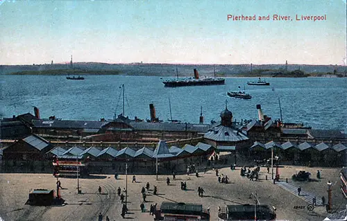 Steamship in the harbor of Liverpool on the Mersey River. Pierhead in the Foreground.