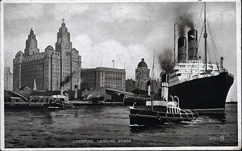 Tugboats Guide the Cunard Steamship out to Sea with Liverpool Landing Shown in Background