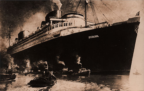 Front Side of Vintage Postcard Showing a Painting of the SS Europa of the North German Lloyd Near Port, Surrounded by Tugboats, 1934.