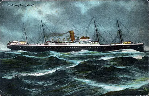 Front Side of a vintage postcard painting of the Norddeutscher Lloyd SS Main at Open Sea. Postally Used 18 August 1900.