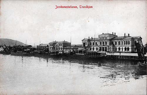 The Railroad Station at Trondhjem (Jerbanestationen) on the Waterfront circa early 1900s. The railway station lies north of the town near the harbor.