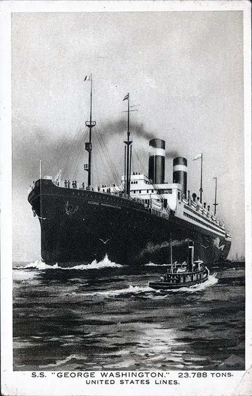 Vintage Postcard Features a Black & White Painting of the SS George Washington of the United States Lines, 23,788 Tons. nd circa 1920.