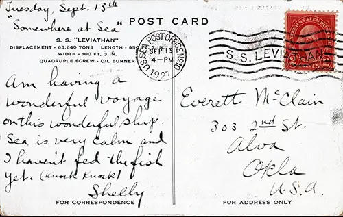 Back Side of Vintage Postcard for the SS Leviathan in the Open Sea. Displacement 65,640 Tons, Length 950 Feet, Width 100 Feet 3 Inches, Quadruple Screw, Oil Burner. Postally Used 15 September 1927.