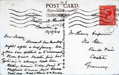 Back Side of a Vintage Postcard featuring the SS Leviathan of the United States Lines, Postally Used 13 June 1934.