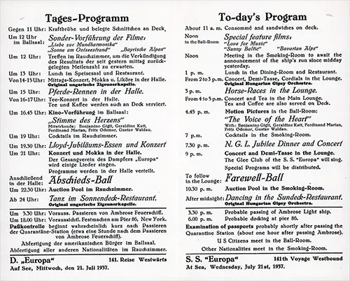 SS Europa Daily Program Listing in German and English, 21 July 1937.