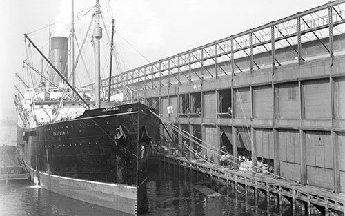 View of the Bow of the Carpathia docked in Port.