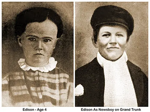 (Left) Young Edison at Age 4. (Right) Edison as a Newsboy on Grand Trunk Railroad.
