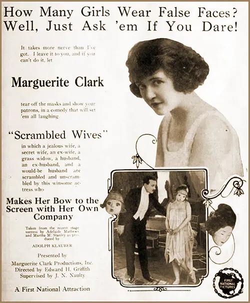 Advertisement for "Scrambled Wives Starring Marguerite Clark and Ralph Bunker, 1921.