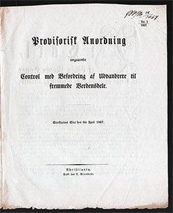 GGA Image ID # 14fefa0e42 First Page - Provisional Immigration Law of Norway - 1867