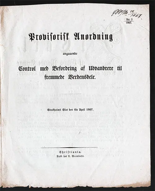 First Page - Provisional Immigration Law of Norway - 1867