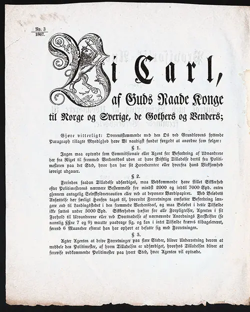 Page 2: Content of the Decree -- the Provisional Emigration Law of Norway - 1867, Sections 1-3.