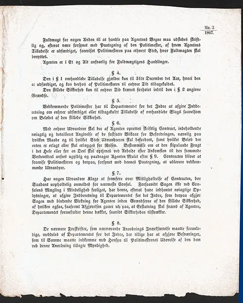 Page 3: Content of the Decree -- the Provisional Emigration Law of Norway - 1867, Sections 4-8.