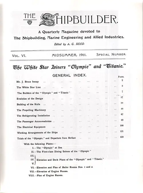 Title Page and Table of Contents for The Shipbuilder, Vol. VI, Special Number, Midsummer 1911