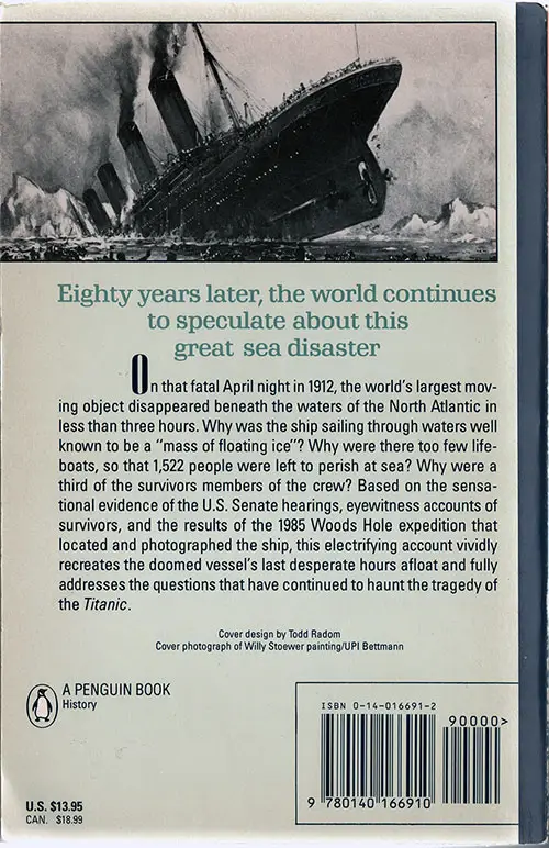 Back Cover, The Titanic: End of a Dream - The Complete, Definitive Stroy from the Doomed Voyage to the Spectacular Discovery of the Wreckage