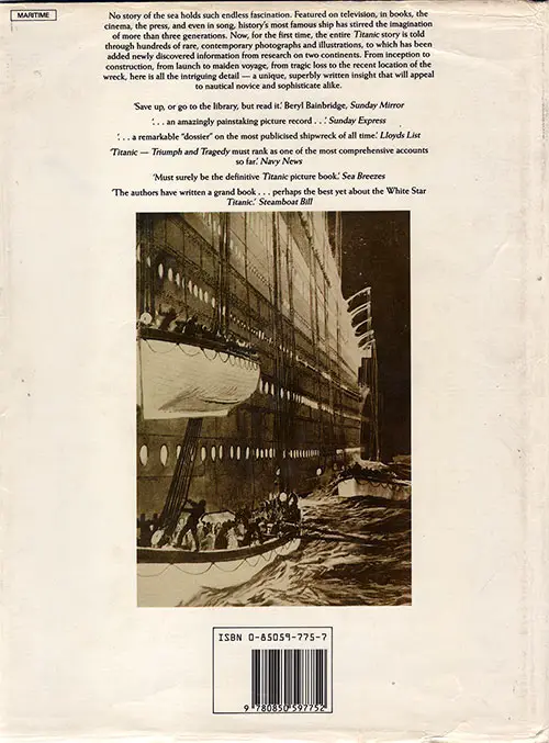 Back Cover, Titanic: Triumph and Tragedy - A Chronicle in Words and Pictures - 1986