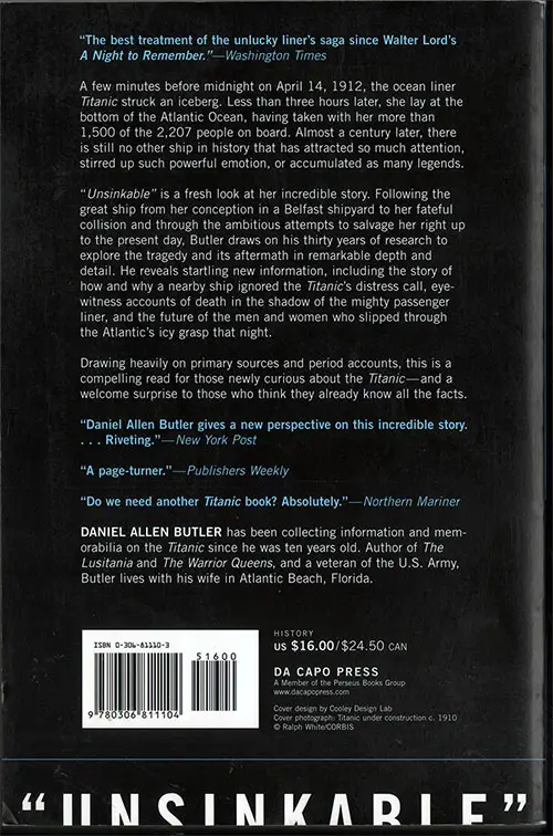 Back Cover, "Unsinkable": The Full Story of the RMS Titanic - 2002