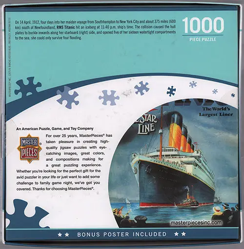 Bottom of the Box. Titanic: The World's Largest Liner 1000 Piece Puzzle from MasterPieces® Inc.