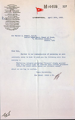 Reproduction of Correspondence between Sir Walter J. Howell, K.C.B. and Ismay, Imrie & Co., Following the Titanic Disaster