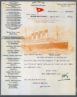 Reproduction of a White Star Line Letter to Father Browne Regarding First Class Tickets - 1912