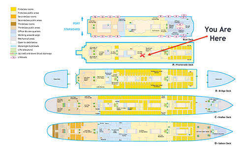 Deck Plans of Boat Deck and Decks A-D of the RMS Titanic Including Placement of Lifeboats With You Are Here Insert