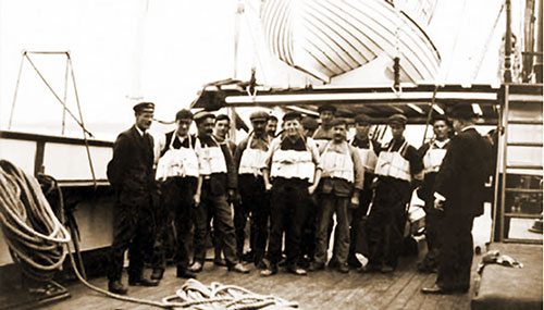 Crew Members From the Titanic Wear Lifejackets for This Publicity Photo Taken on the Boat Deck.