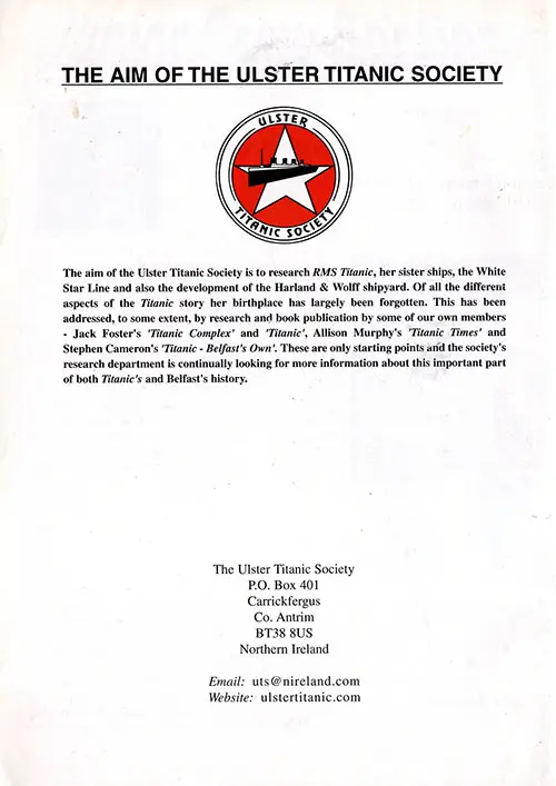 Back Cover of the CQD Titanic - Official Journal of the Belfast Titanic Society for Issue 22, Spring 2003