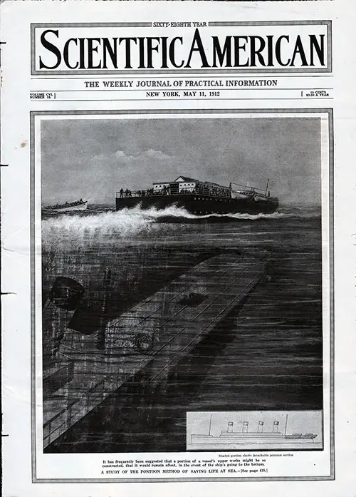 Front Cover of the Scientific American. The Unsinkable Ship: Longitudinal Coal Bunkers and Higher Bulkheads Might Have Saved the Titanic By J. Bernard Walker.
