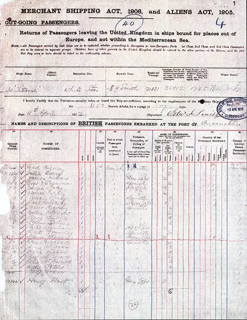 Page 1 of Manifest for Outgoing Passengers from Queenstown to New York dated 11 April 1912