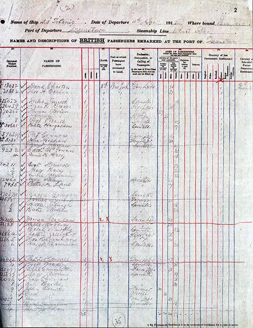 Page 2 of Manifest for Outgoing Passengers from Queenstown to New York dated 11 April 1912