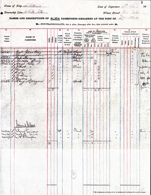 Page 5 of Manifest for Outgoing Passengers from Queenstown to New York dated 11 April 1912