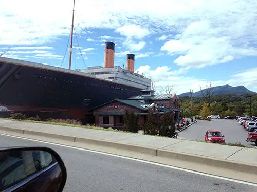 View of the Port Side of the Titanic Museum at Pigeon Forge showing Front Parking Lot and Ticket Office