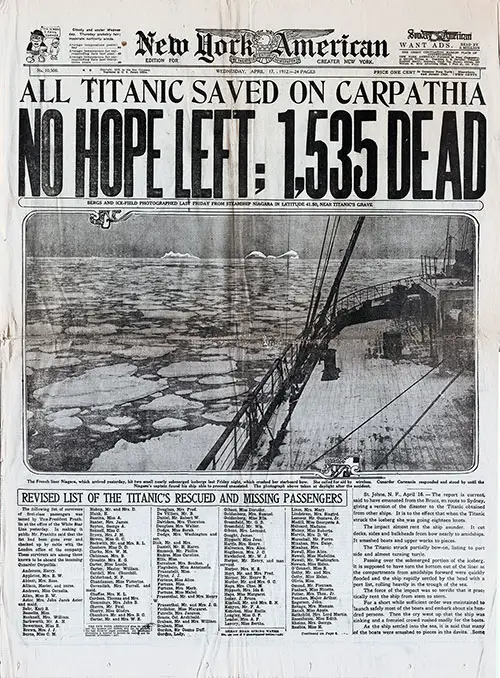 Front Page of the New York American for 17 April 1912 Special Edition About the Titanic Disaster