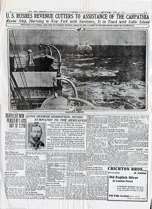 Page 2 of the New York American, 17 April 1912. Featured Article: U.S. Rushes Revenue Cutters to Assistance of the Carpathia.