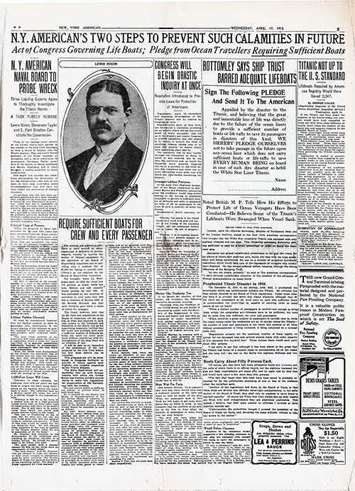 Page 3 of the New York American, 17 April 1912. Featured Article: NY American's Two Steps To Prevent Such Calamities in Future.