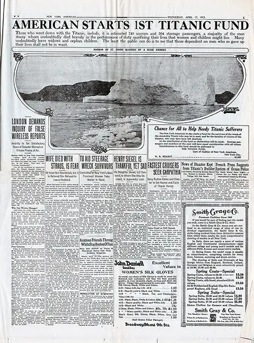 Page 5 of the New York American, 17 April 1912. American Starts First Titanic Fund - A Predicessor to Today's Go Fund Me.