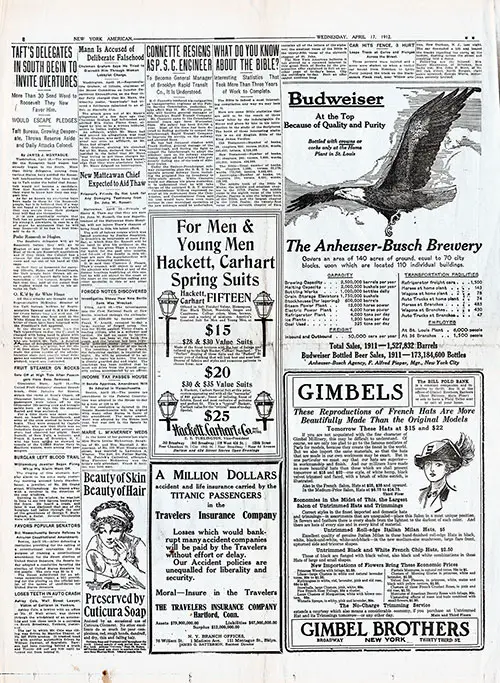 Page 8 of the New York American, 17 April 1912. Non-Titanic News and Ads. 