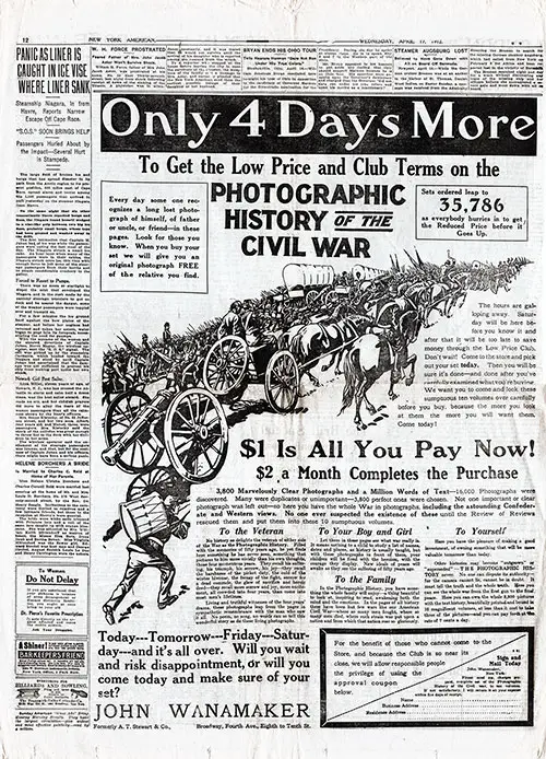 Page 12 of the New York American for 17 April 1912 - Featured Article: Panic As Liner is Caught in Ice Vise Where Liner Sank (SS Niagra).