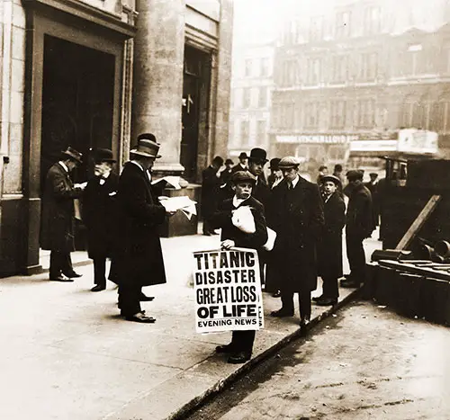 Newspaper Boy Holds Evening Newspaper with Titanic Disaster Headlines