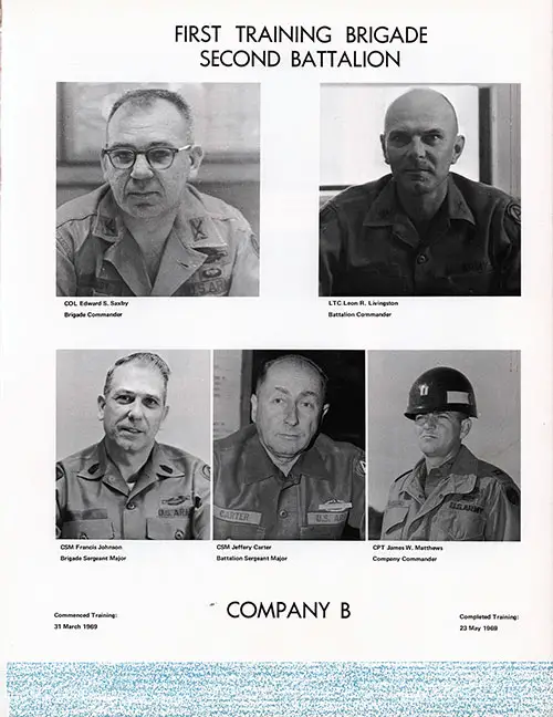 Company B 1969 Fort Jackson Basic Training Leadership, Page 1.