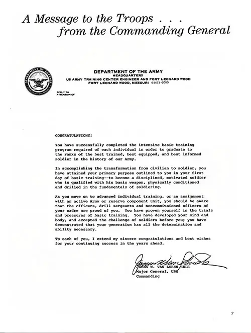 Message to the Troops from the Commanding General on Successful Completion of the Intensive Basic Training Program.