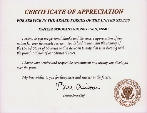 Certificate of Appreciation for Service in the Armed Forces of the United States - Master Sergeant Rodney Cain, USMC.